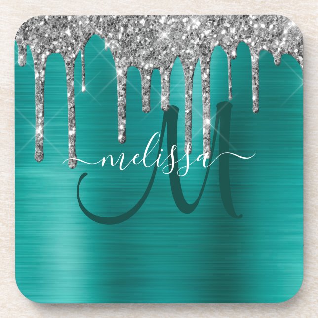 Chic Teal Brushed Metallic Silver Glitter Drips Beverage Coaster (Front)