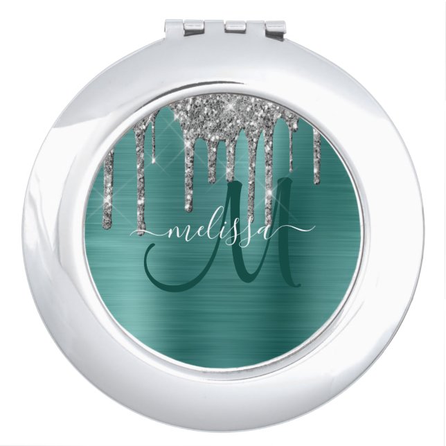 Chic Teal Brushed Metallic Silver Glitter Drips Compact Mirror (Front)