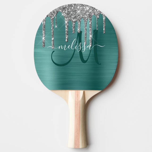 Chic Teal Brushed Metallic Silver Glitter Drips Ping Pong Paddle (Front)