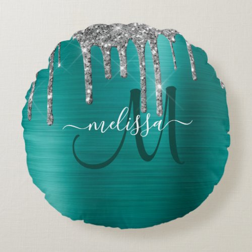 Chic Teal Brushed Metallic Silver Glitter Drips Round Pillow