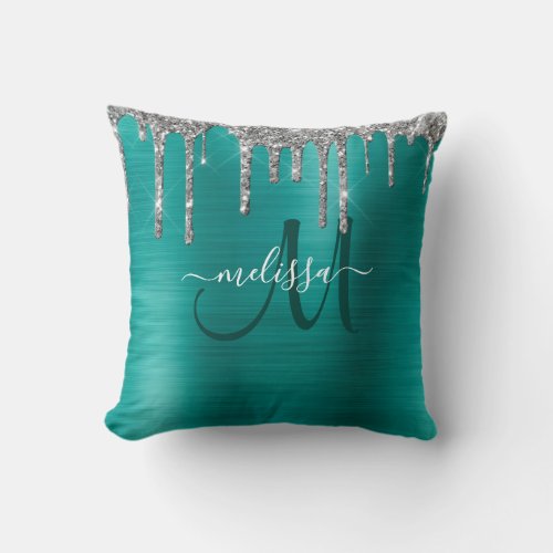 Chic Teal Brushed Metallic Silver Glitter Drips Throw Pillow