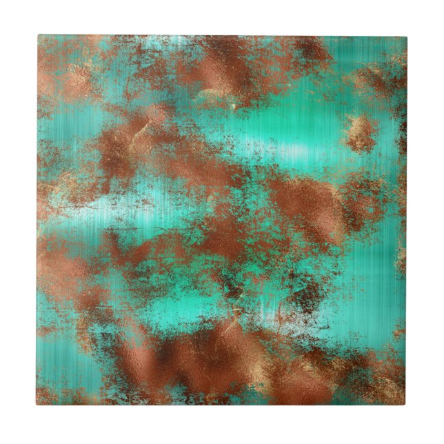 Chic Teal Copper Boho Ceramic Tile (Front)