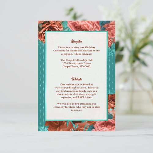 Chic Teal Coral Floral Customizable Wedding Enclosure Card