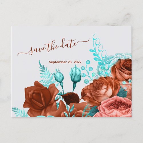 Chic Teal Coral Floral Save the Date Announcement Postcard