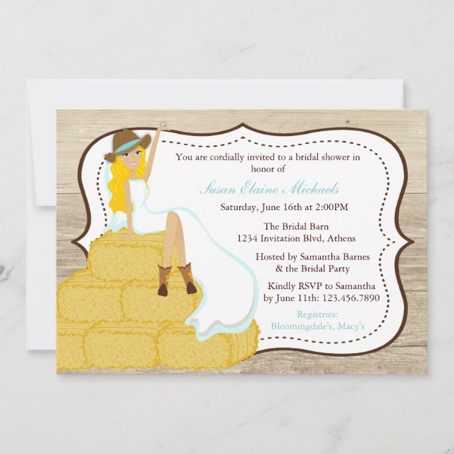 Chic Teal Cowgirl Country Bride Bridal Shower Invitation (Front)