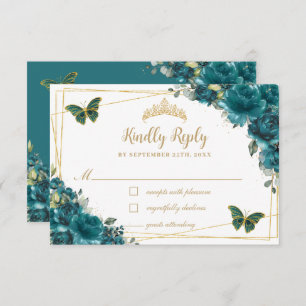 Chic Teal Cyan Floral Gold Butterflies Quinceañera RSVP Card