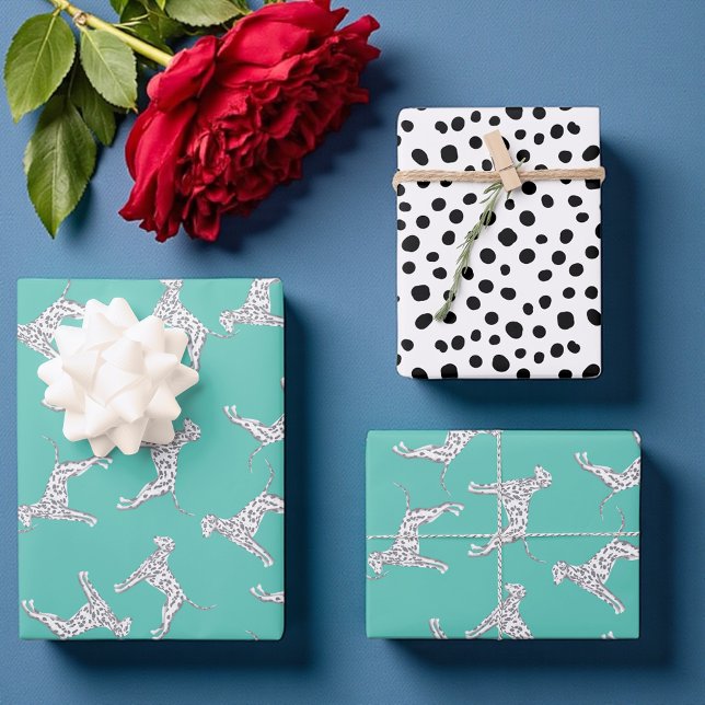 Chic teal Dalmatian spots Wrapping Paper Sheets (Playful Dalmatian dog print gift wrap in bold black and white  and aqua on a fresh backdrop.)