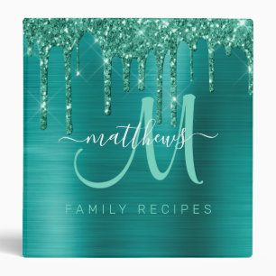 Chic Teal Dripping Glitter Metal Family Recipe 3 Ring Binder