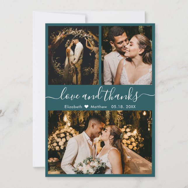 Chic Teal Elegant Script 3 Photo Collage Wedding Thank You Card (Front)