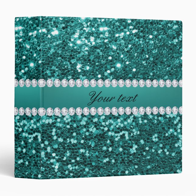 Chic Teal Faux Glitter and Diamonds Binder (Front/Spine)
