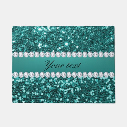 Chic Teal Faux Glitter and Diamonds Doormat