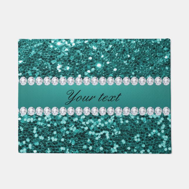 Chic Teal Faux Glitter and Diamonds Doormat (Front)