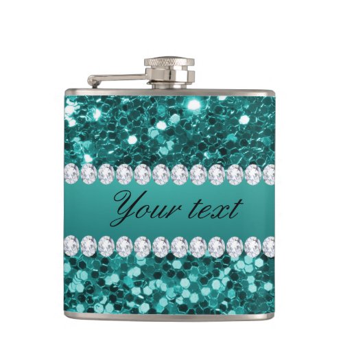 Chic Teal Faux Glitter and Diamonds Flask