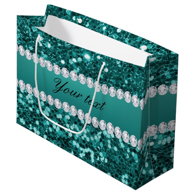Chic Teal Faux Glitter and Diamonds Large Gift Bag (Front Angled)