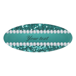 Chic Teal Faux Glitter and Diamonds Name Tag