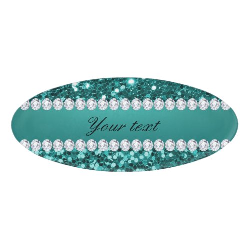 Chic Teal Faux Glitter and Diamonds Name Tag
