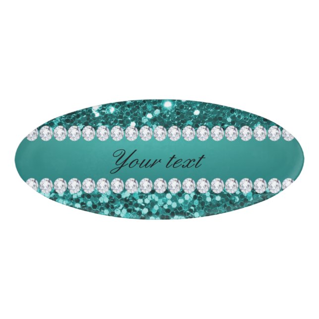 Chic Teal Faux Glitter and Diamonds Name Tag (Front)