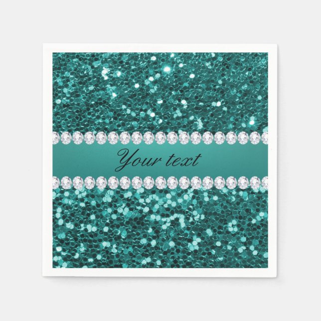 Chic Teal Faux Glitter and Diamonds Napkins (Front)