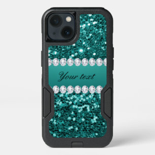 Chic Teal Faux Glitter and Diamonds iPhone 13 Case