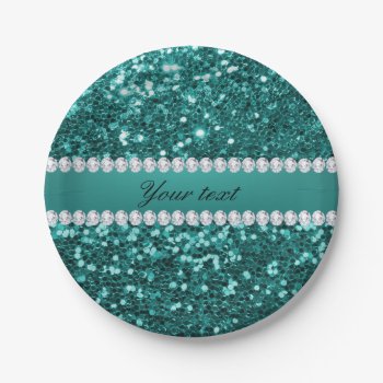 Chic Teal Faux Glitter And Diamonds Paper Plates by glamgoodies at Zazzle