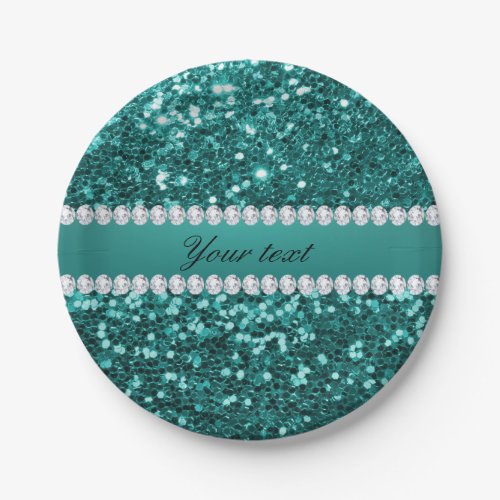 Chic Teal Faux Glitter and Diamonds Paper Plates