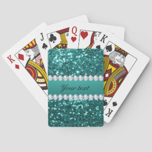 Chic Teal Faux Glitter and Diamonds Poker Cards