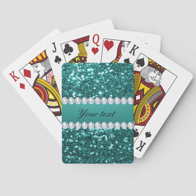 Chic Teal Faux Glitter and Diamonds Poker Cards (Back)