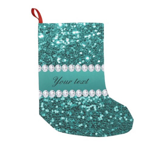 Chic Teal Faux Glitter and Diamonds Small Christmas Stocking