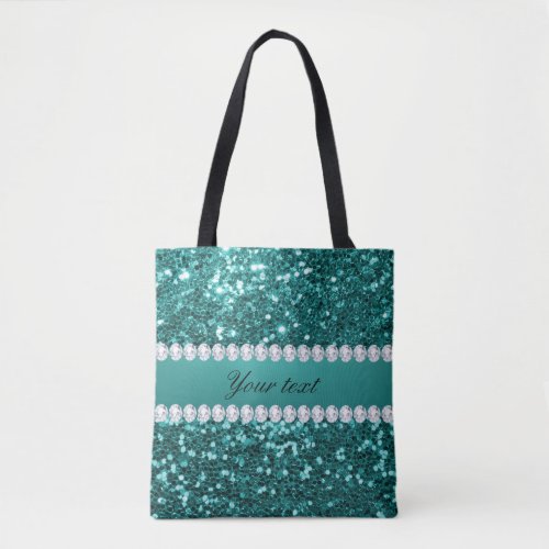 Chic Teal Faux Glitter and Diamonds Tote Bag