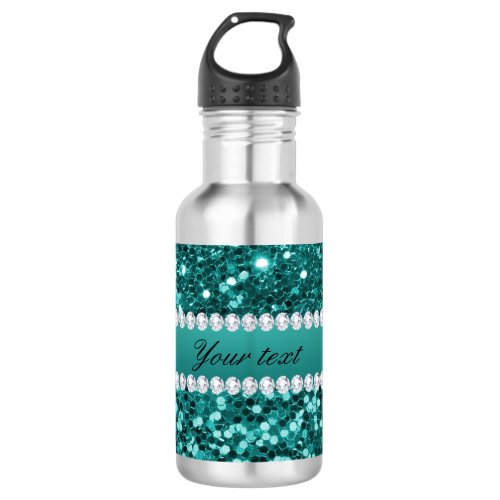 Chic Teal Faux Glitter and Diamonds Water Bottle