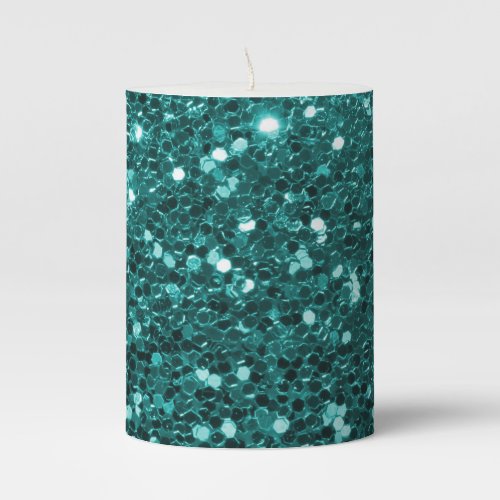 Chic Teal Faux Glitter Pillar Candle
