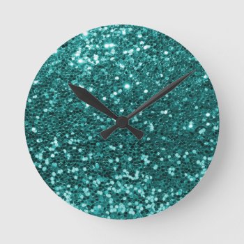 Chic Teal Faux Glitter Round Clock by glamgoodies at Zazzle