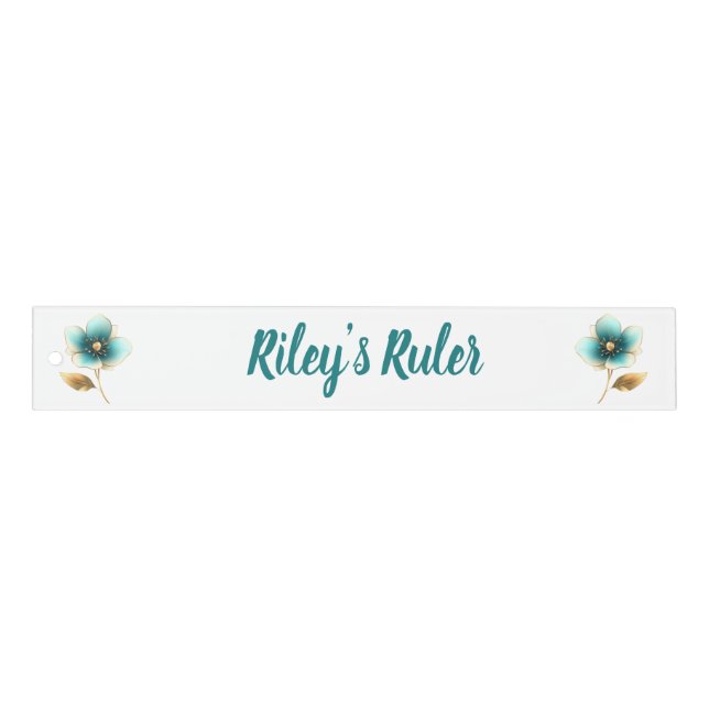 Chic Teal Floral Name Ruler (Front)