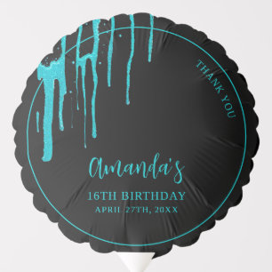 Chic Teal Glitter Drips Sweet 16 Birthday Balloon