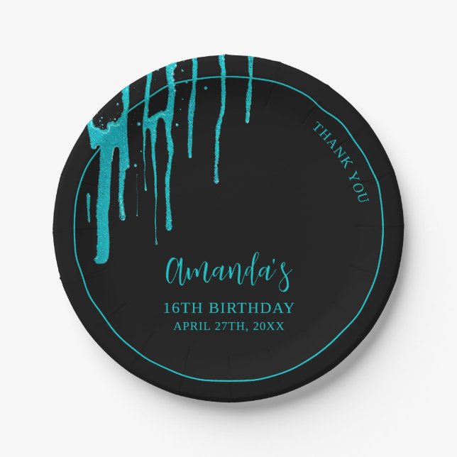 Chic Teal Glitter Drips Sweet 16 Birthday Paper Plates (Front)