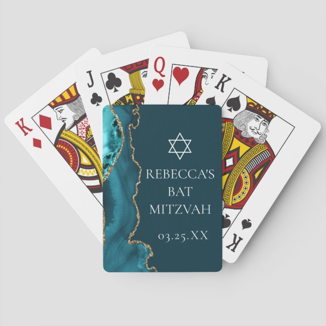 Chic Teal Gold Agate Bar Mitzvah Party Poker Cards (Back)