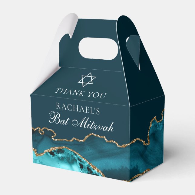 Chic Teal Gold Agate Bat Mitzvah Party Favor Boxes (Front Side)