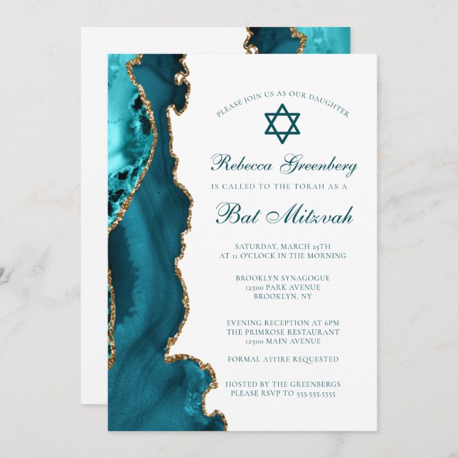 Chic Teal Gold Agate Bat Mitzvah Party Invitation (Front/Back)