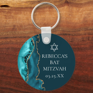Chic Teal Gold Agate Bat Mitzvah Party Keychain