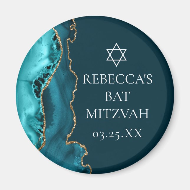 Chic Teal Gold Agate Bat Mitzvah Party Magnet (Front)