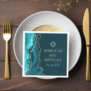 Chic Teal Gold Agate Bat Mitzvah Party Napkins