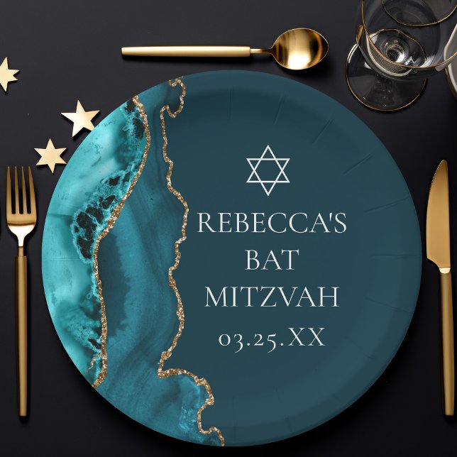 Chic Teal Gold Agate Bat Mitzvah Party Paper Plates (Creator Uploaded)