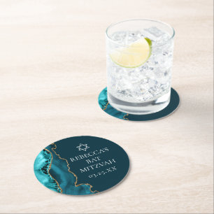 Chic Teal Gold Agate Bat Mitzvah Party Round Paper Coaster