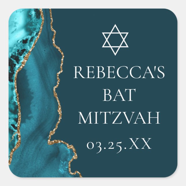 Chic Teal Gold Agate Bat Mitzvah Party Square Sticker (Front)