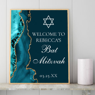 Chic Teal Gold Agate Bat Mitzvah Party Welcome Poster