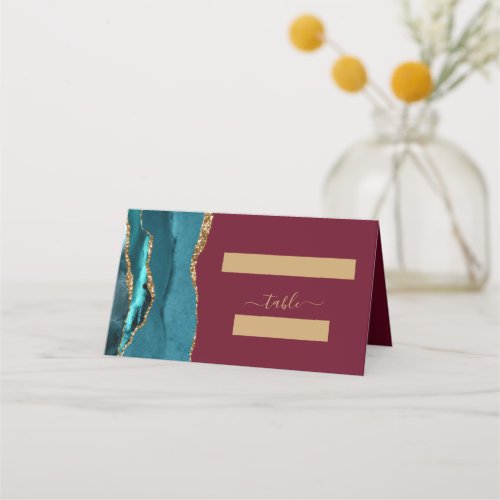 Chic Teal Gold Agate Burgundy Wedding Place Card