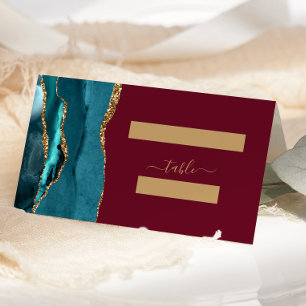 Chic Teal Gold Agate Burgundy Wedding Place Card