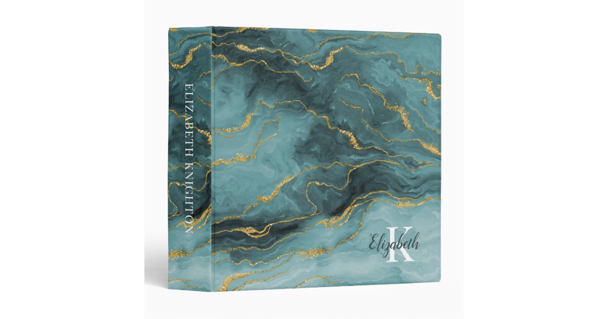 Chic Teal Gold Agate Geode Monogram 3 Ring Binder | Zazzle