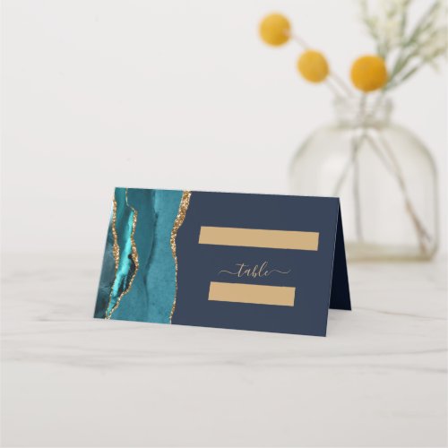 Chic Teal Gold Agate Navy Blue Wedding Place Card