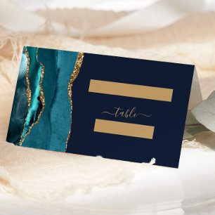 Chic Teal Gold Agate Navy Blue Wedding Place Card